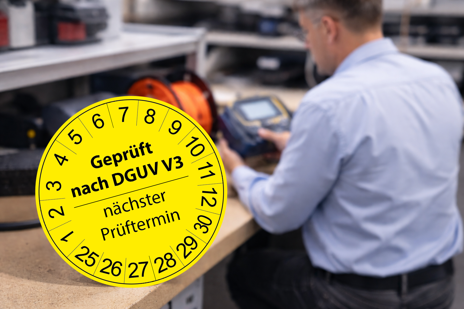 VDE 0701 0702 Geräteprüfung mit Prüfplakette nächster Prüftermin und Prüfer bei der Prüfung einer Kabeltrommel