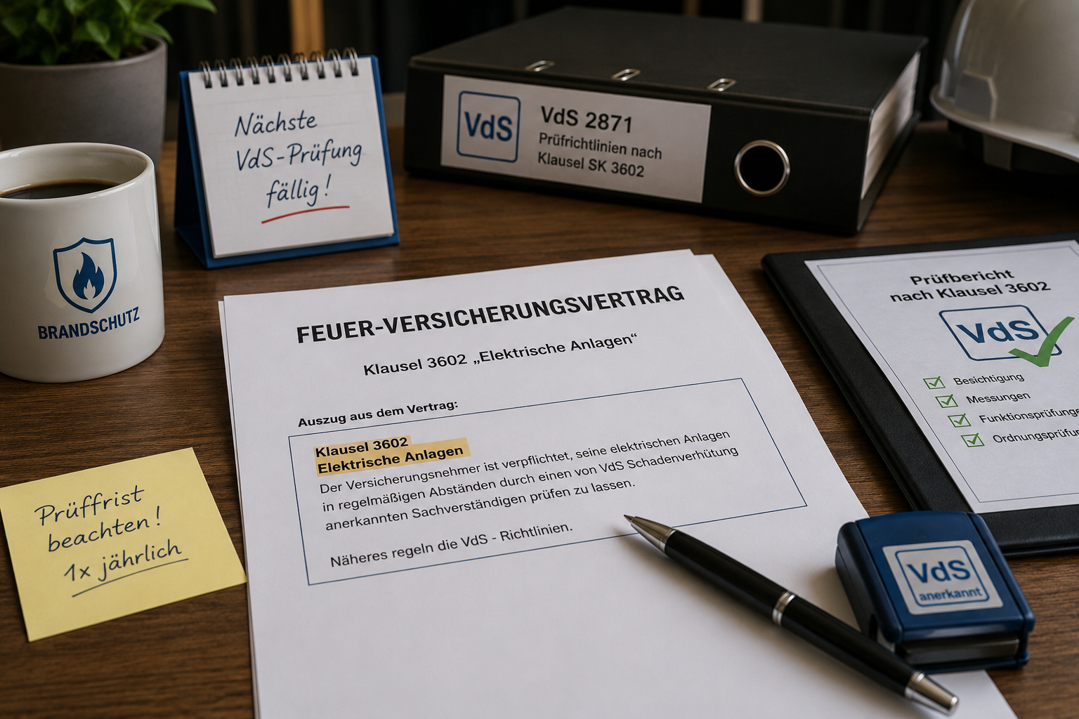 Schreibtisch mit Feuer Versicherungsvertrag, hervorgehobener Klausel 3602 und VdS Unterlagen zur Prüfung elektrischer Anlagen für den Brandschutz.